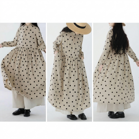 M-2XL ベージュ ドット柄 長袖 Aライン ワンピース M 写真通り