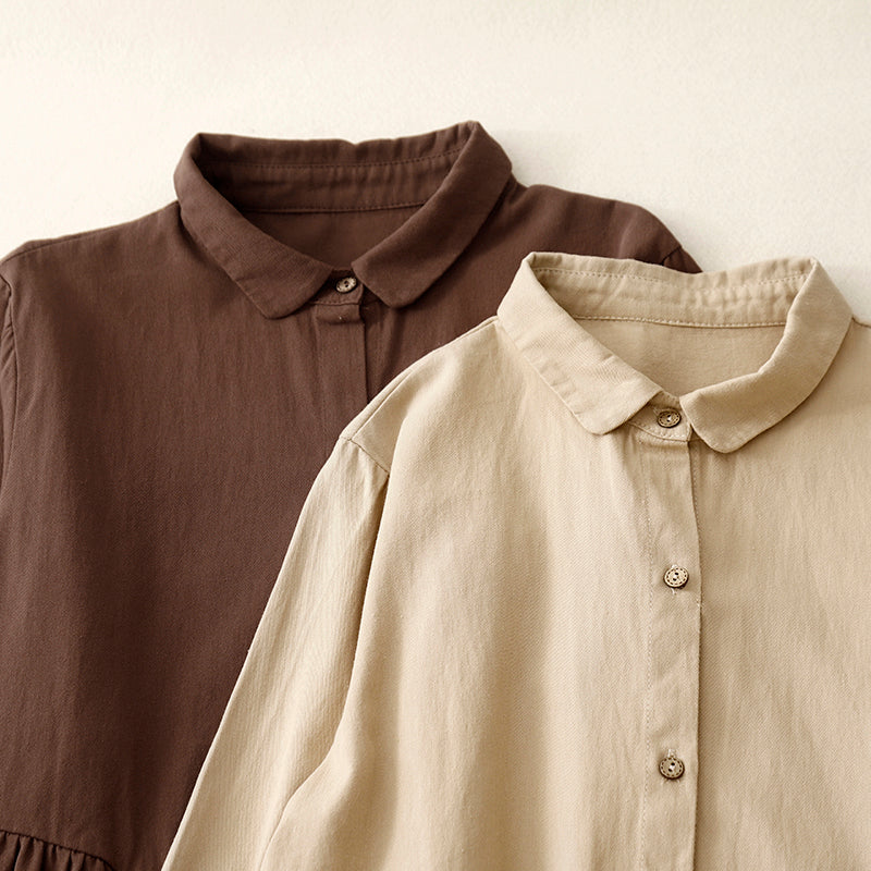 M-2XL 無地 ボタン 長袖 POLOネック ストレート シンプル ワンピース M キャラメル