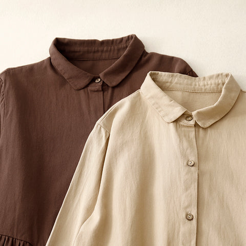 M-2XL 無地 ボタン 長袖 POLOネック ストレート シンプル ワンピース M キャラメル