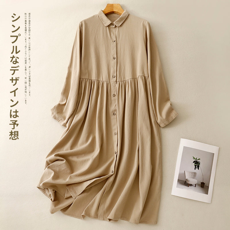 M-2XL 無地 ボタン 長袖 POLOネック ストレート シンプル ワンピース 2XL アイボリー