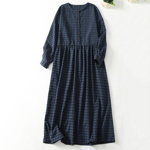 M-2XL 綿麻 チェック柄 ラウンドネック Aライン ボタン 長袖 シンプル カジュアルワンピース M 写真通り