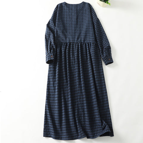 M-2XL 綿麻 チェック柄 ラウンドネック Aライン ボタン 長袖 シンプル カジュアルワンピース M 写真通り