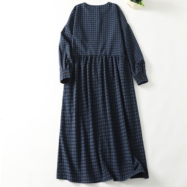 M-2XL 綿麻 チェック柄 ラウンドネック Aライン ボタン 長袖 シンプル カジュアルワンピース M 写真通り