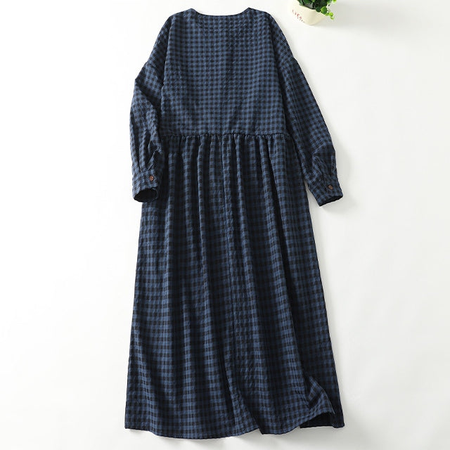 M-2XL 綿麻 チェック柄 ラウンドネック Aライン ボタン 長袖 シンプル カジュアルワンピース 2XL 写真通り