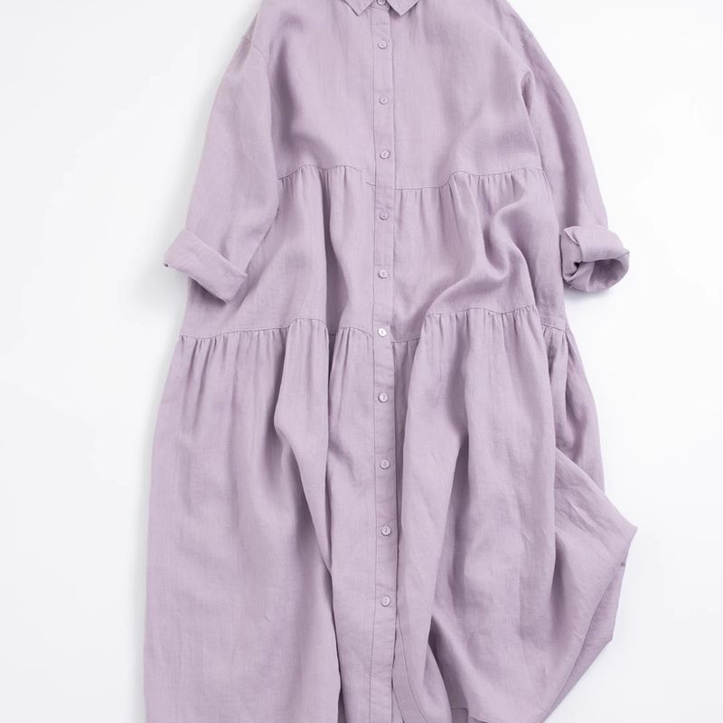 「ナチュラル」M~2XL 9分袖 ハイウエストデザインでスッキリ見え！コットンリネンAラインワンピース M ブルー