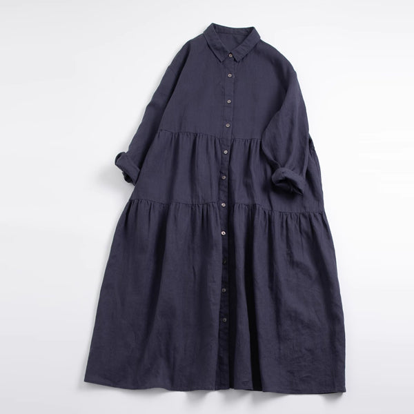 「ナチュラル」M~2XL 9分袖 ハイウエストデザインでスッキリ見え！コットンリネンAラインワンピース M ブルー
