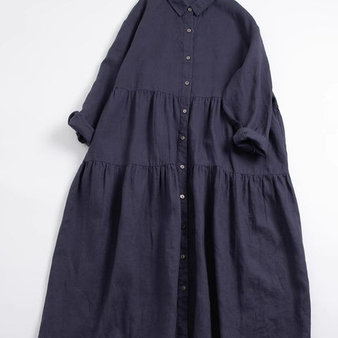 「ナチュラル」M~2XL 9分袖 ハイウエストデザインでスッキリ見え！コットンリネンAラインワンピース M ブルー