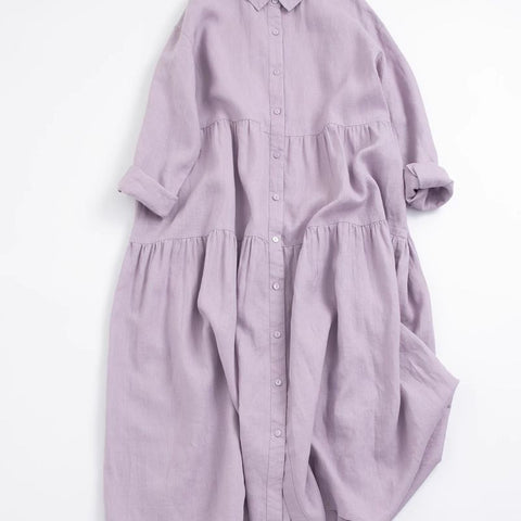 「ナチュラル」M~2XL 9分袖 ハイウエストデザインでスッキリ見え！コットンリネンAラインワンピース 2XL ライトパープル