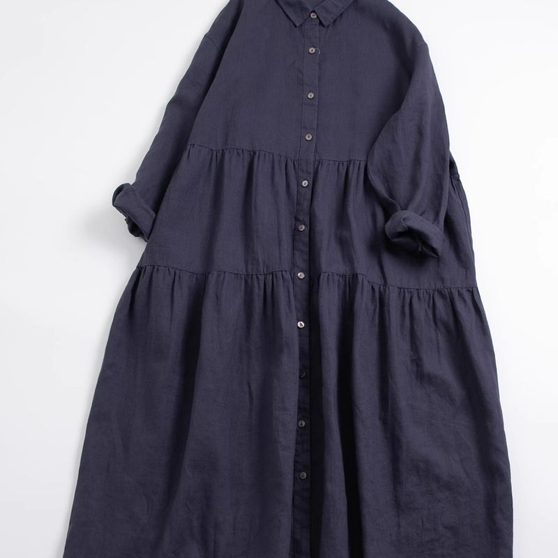 「ナチュラル」M~2XL 9分袖 ハイウエストデザインでスッキリ見え！コットンリネンAラインワンピース 2XL ネイビー