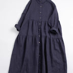 「ナチュラル」M~2XL 9分袖 ハイウエストデザインでスッキリ見え！コットンリネンAラインワンピース 2XL ネイビー