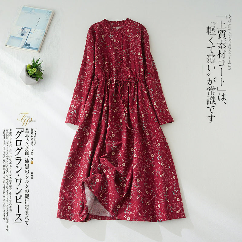 M-2XL Aライン リボン ボタン 長袖 プリント 定番 プリントワンピース M ネイビー