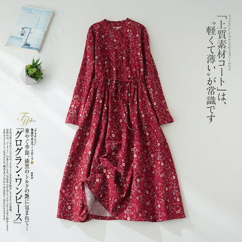 M-2XL Aライン リボン ボタン 長袖 プリント 定番 プリントワンピース M ネイビー