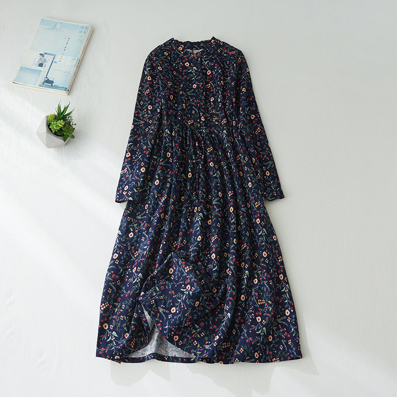 M-2XL Aライン リボン ボタン 長袖 プリント 定番 プリントワンピース M ネイビー