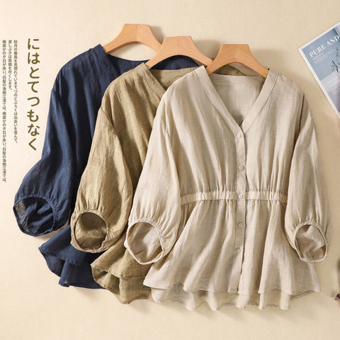 M-3L 綿麻 Vネック ランタンスリーブ ボタン シャツ M オートミール