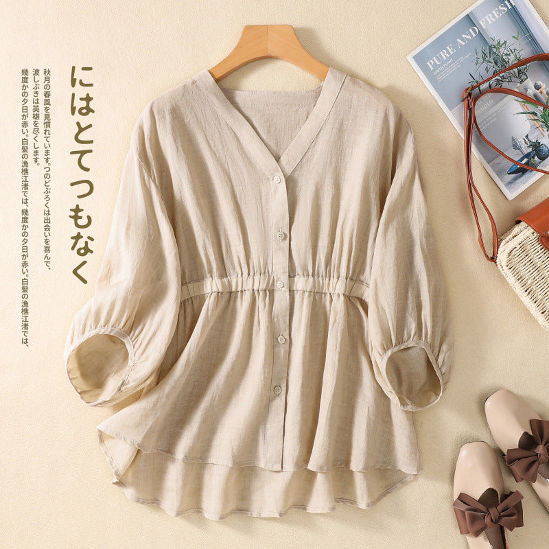 M-3L 綿麻 Vネック ランタンスリーブ ボタン シャツ M オートミール