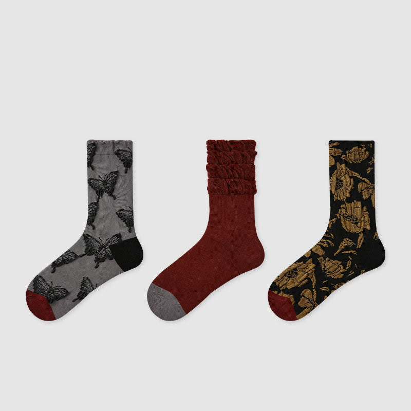 【3足セット】フリー トレンドアイテム チェック柄 花模様 レディースソックス フリー デザイン1