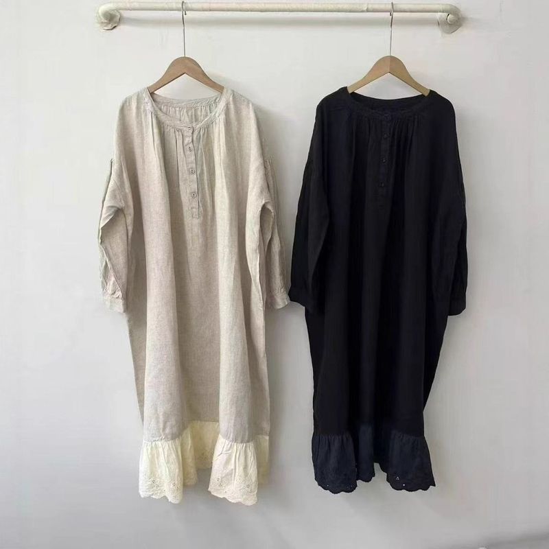 フリーサイズ 刺繍 無地 長袖 ボタン Aライン レトロ ワンピース フリー ブラック