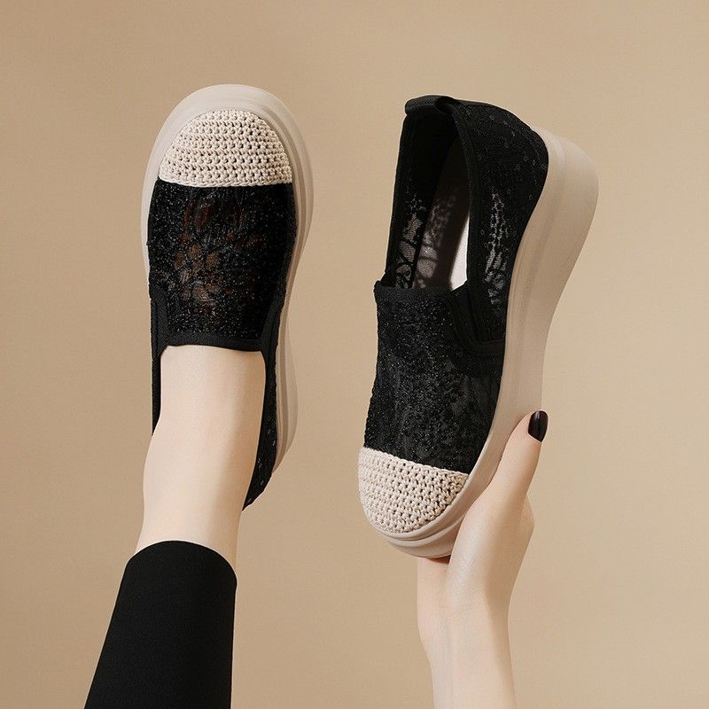 22-25サイズ 透かし彫り ミドルヒール 無地 フラットシューズ 25.0 ブラック
