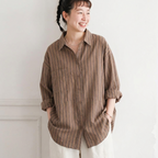 L-2XL  コットン ストライプ柄 シャツ 2XL コーヒー
