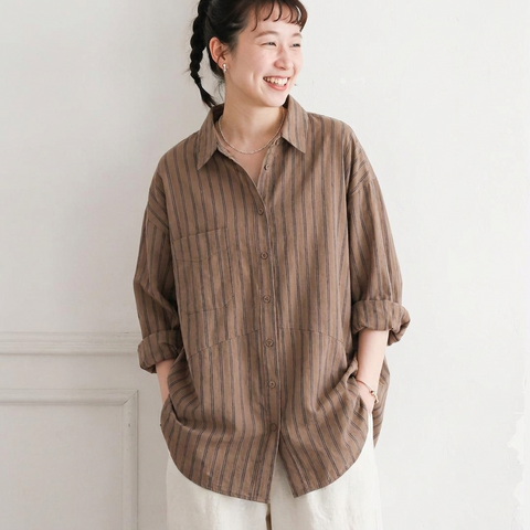 L-2XL  コットン ストライプ柄 シャツ 2XL コーヒー