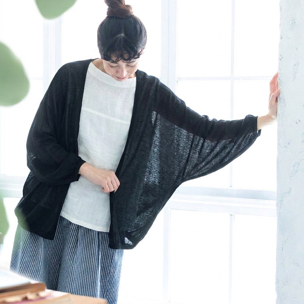 【コットン】S-3XL 柔らかい 接触冷感 UVカット ドルマンスリーブ 着痩せ効果 カーディガン 3XL ブラック