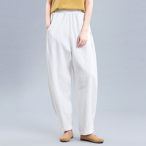 M-4XL 綿麻 ポケット付き アンクル丈（9分丈） カジュアルパンツ M ホワイト