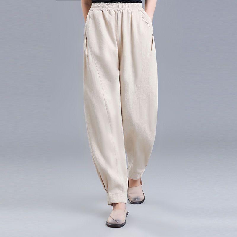 M-4XL 綿麻 ポケット付き アンクル丈（9分丈） カジュアルパンツ 4XL リネン