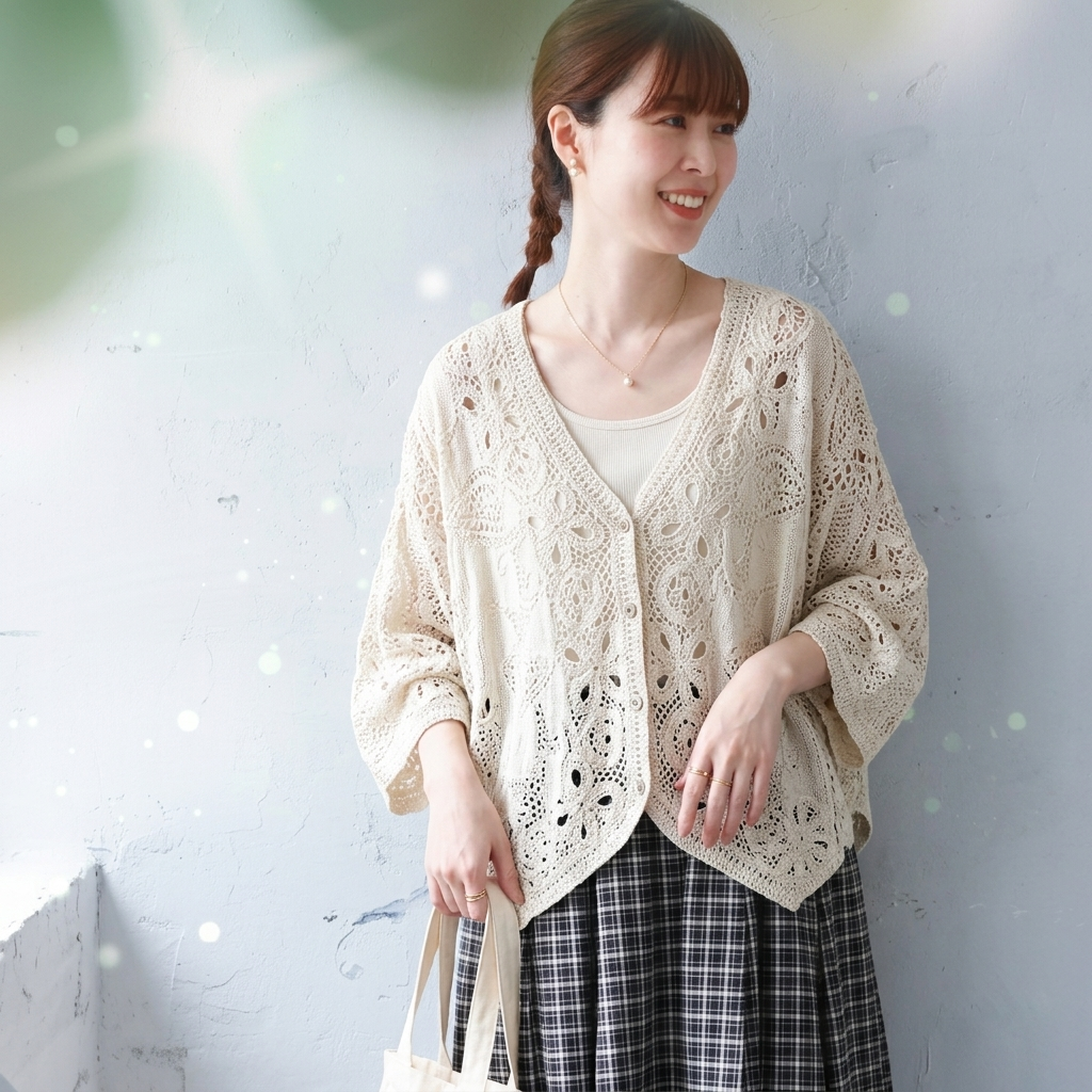 F 羽織シャツ 軽やかコットンレース 透かし編み ゆったり シンプル 万能コーデ フリー アプリコット