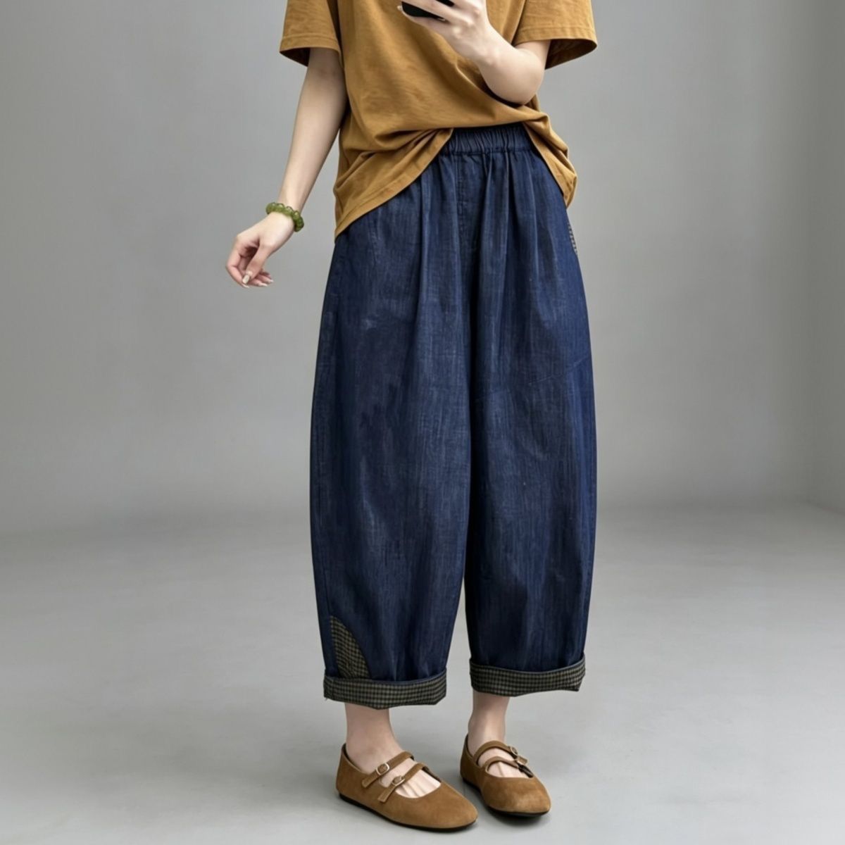 M-3XL シンプル ナチュラル 幾何模様 切り替え アンクル丈（9分丈） カジュアルパンツ M ブルー