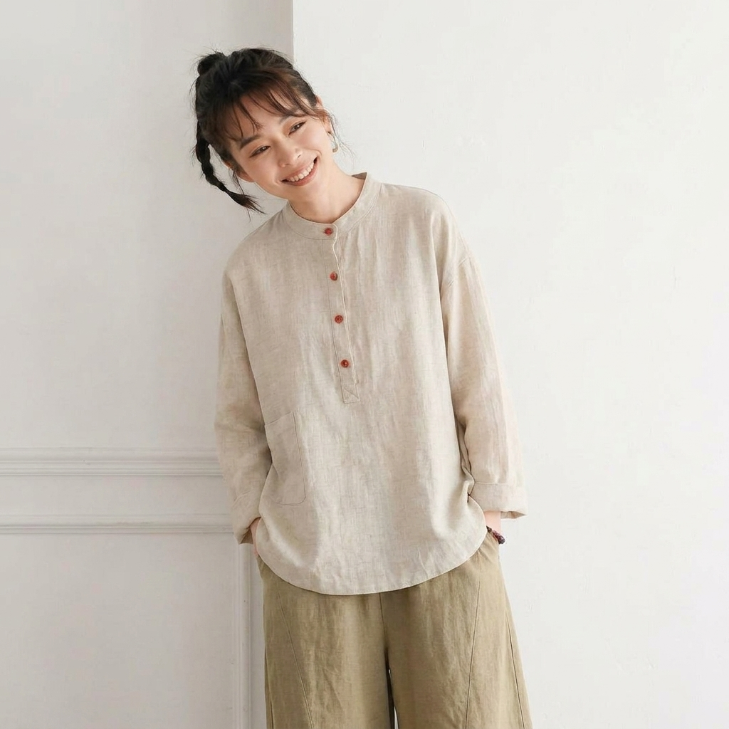 M~3XL レトロ コットン リネン 立襟 プルオーバー 長袖シャツ 3XL アプリコット