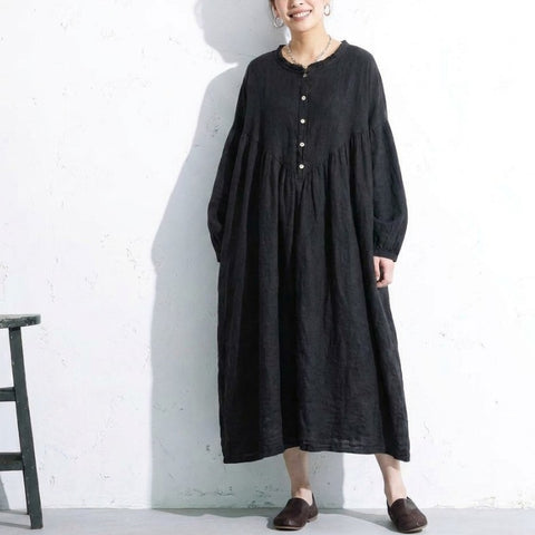 M・L ランタンスリーブ 綿麻 無地  ストレート ボタン 長袖 レトロ カジュアルワンピース M マルーンパープル