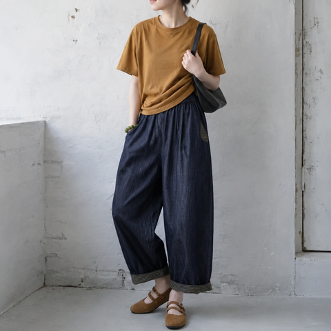 M-3XL シンプル ナチュラル 幾何模様 切り替え アンクル丈（9分丈） カジュアルパンツ M ブルー