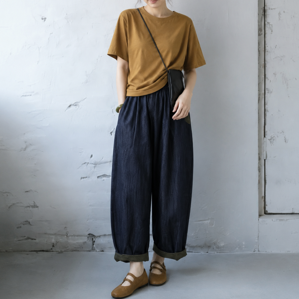 M-3XL シンプル ナチュラル 幾何模様 切り替え アンクル丈（9分丈） カジュアルパンツ M ブルー
