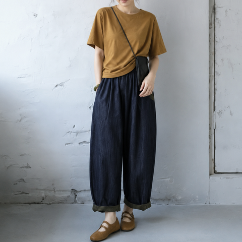 M-3XL シンプル ナチュラル 幾何模様 切り替え アンクル丈（9分丈） カジュアルパンツ M ブルー