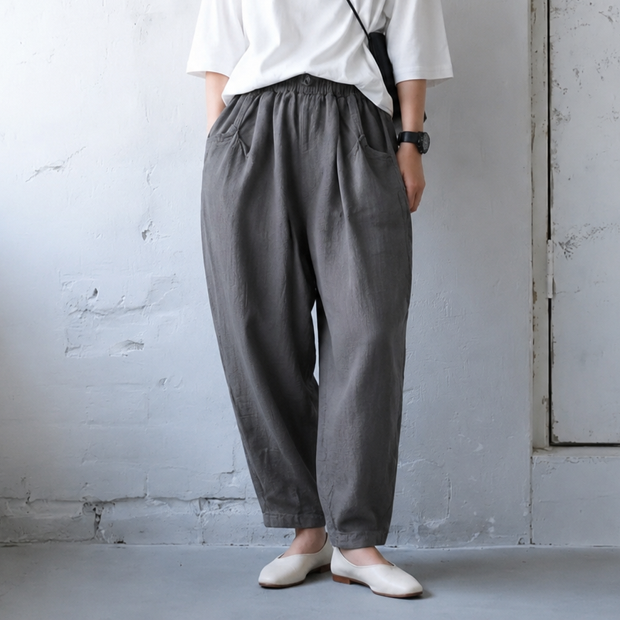 M-2XL 綿麻 ハイウエスト 無地 ロング丈 レトロ カジュアルパンツ M グレー