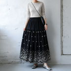 M-XL 刺繍 プリント 花柄 花模様 Aライン レトロ スカート M ブラウン