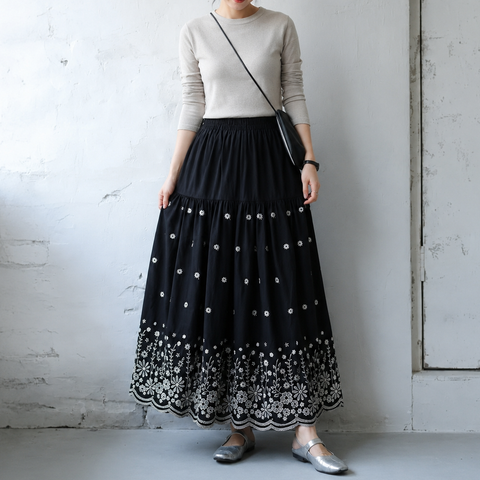M-XL 刺繍 プリント 花柄 花模様 Aライン レトロ スカート M ブラウン