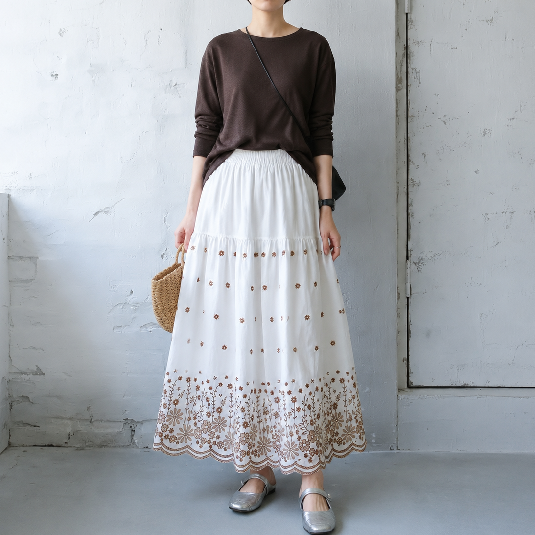 M-XL 刺繍 プリント 花柄 花模様 Aライン レトロ スカート M ブラウン