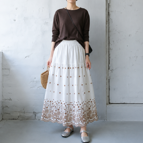 M-XL 刺繍 プリント 花柄 花模様 Aライン レトロ スカート M ブラウン