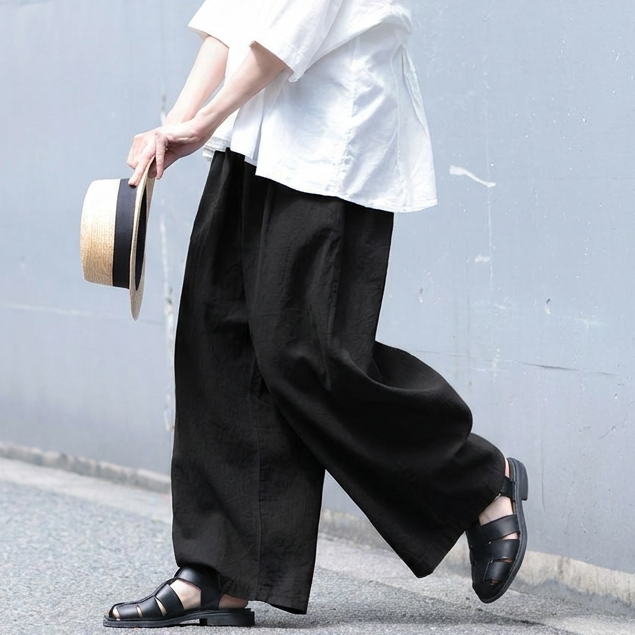 M-XLサイズ 棉麻 無地 ロング丈 レトロ ガウチョパンツ M アプリコット