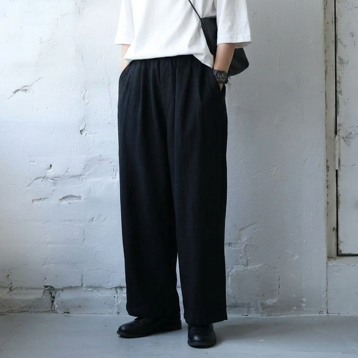 M-XLサイズ 棉麻 無地 ロング丈 レトロ ガウチョパンツ 2XL ブラック