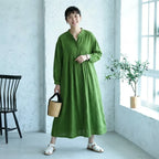 【体型カバー】綿麻 長袖 レディース リネングリーン ゆったり ワンピース M グリーン