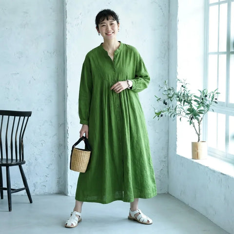【体型カバー】綿麻 長袖 レディース リネングリーン ゆったり ワンピース M グリーン