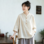 M~3XL レトロ コットン リネン 立襟 プルオーバー 長袖シャツ M ブラック