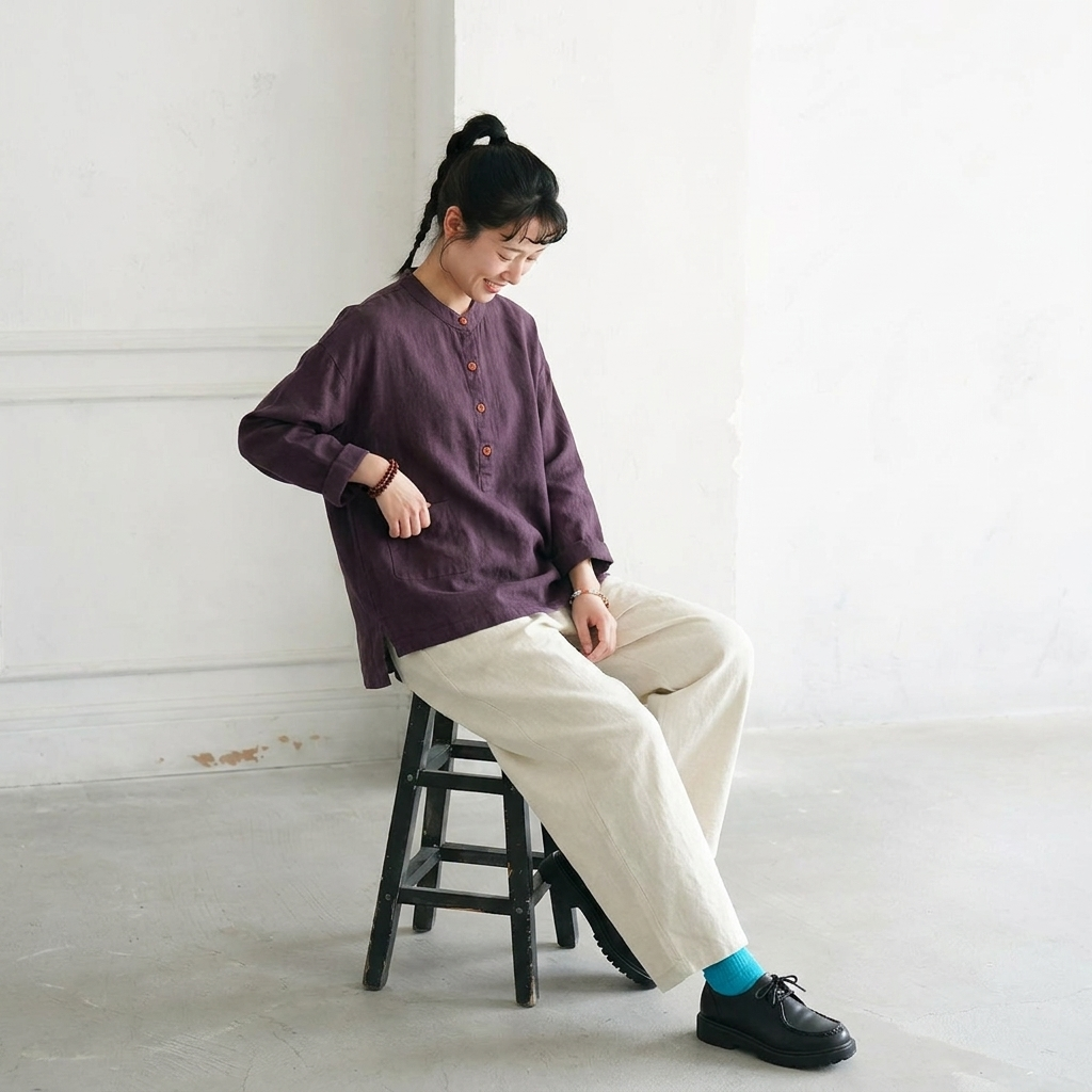 M~3XL レトロ コットン リネン 立襟 プルオーバー 長袖シャツ 3XL パープル