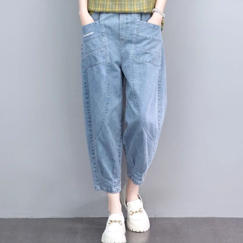 M-3XL 薄手デニム ハイウエスト ポケット付き 肌触り柔らかい 無地 ジーンズ アンクル丈（9分丈） M ライトブルー