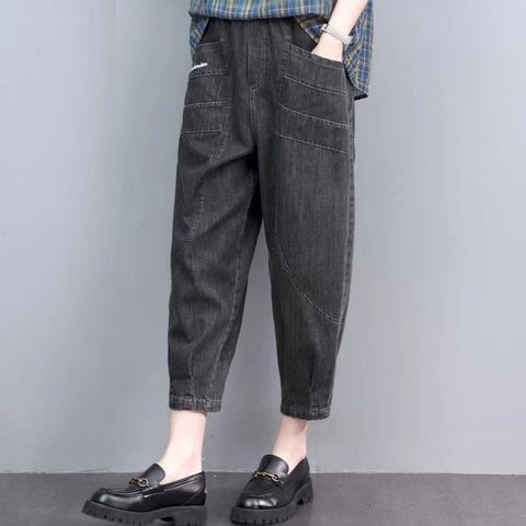 M-3XL 薄手デニム ハイウエスト ポケット付き 肌触り柔らかい 無地 ジーンズ アンクル丈（9分丈） M ライトブルー