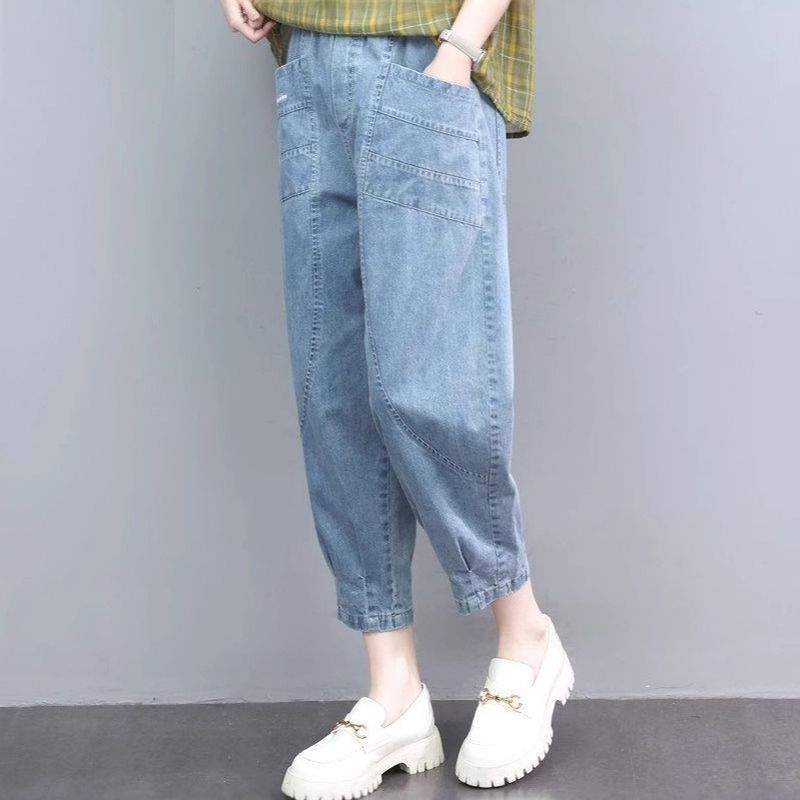 M-3XL 薄手デニム ハイウエスト ポケット付き 肌触り柔らかい 無地 ジーンズ アンクル丈（9分丈） M ライトブルー
