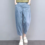 M-3XL 薄手デニム ハイウエスト ポケット付き 肌触り柔らかい 無地 ジーンズ アンクル丈（9分丈） 3XL ライトブルー