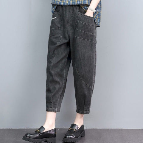 M-3XL 薄手デニム ハイウエスト ポケット付き 肌触り柔らかい 無地 ジーンズ アンクル丈（9分丈） 3XL グレー